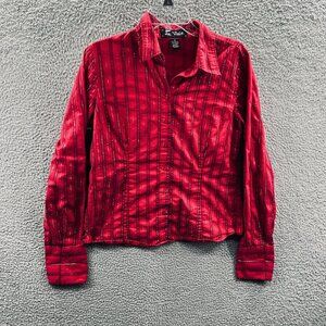 In Vain Women Top Extra large Red Silver Striped Button Front Long‎ Sleeve Shirt